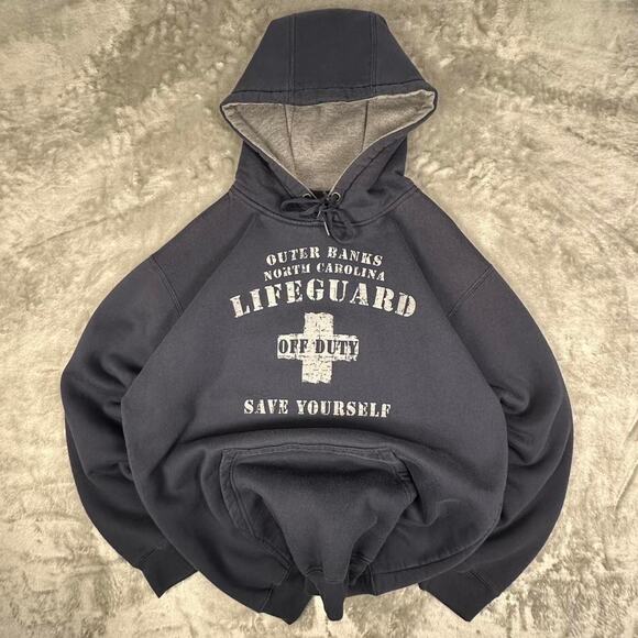 Vintage Kenpo Outer Banks Lifeguard Off-Duty Save Yourself Navy Hoodie Size L - Picture 1 of 5